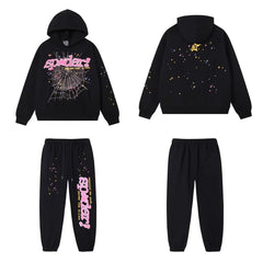 SP5DER Web Graphic Pullover Hoodie and Sweatpants Matching Set - Black / Pink